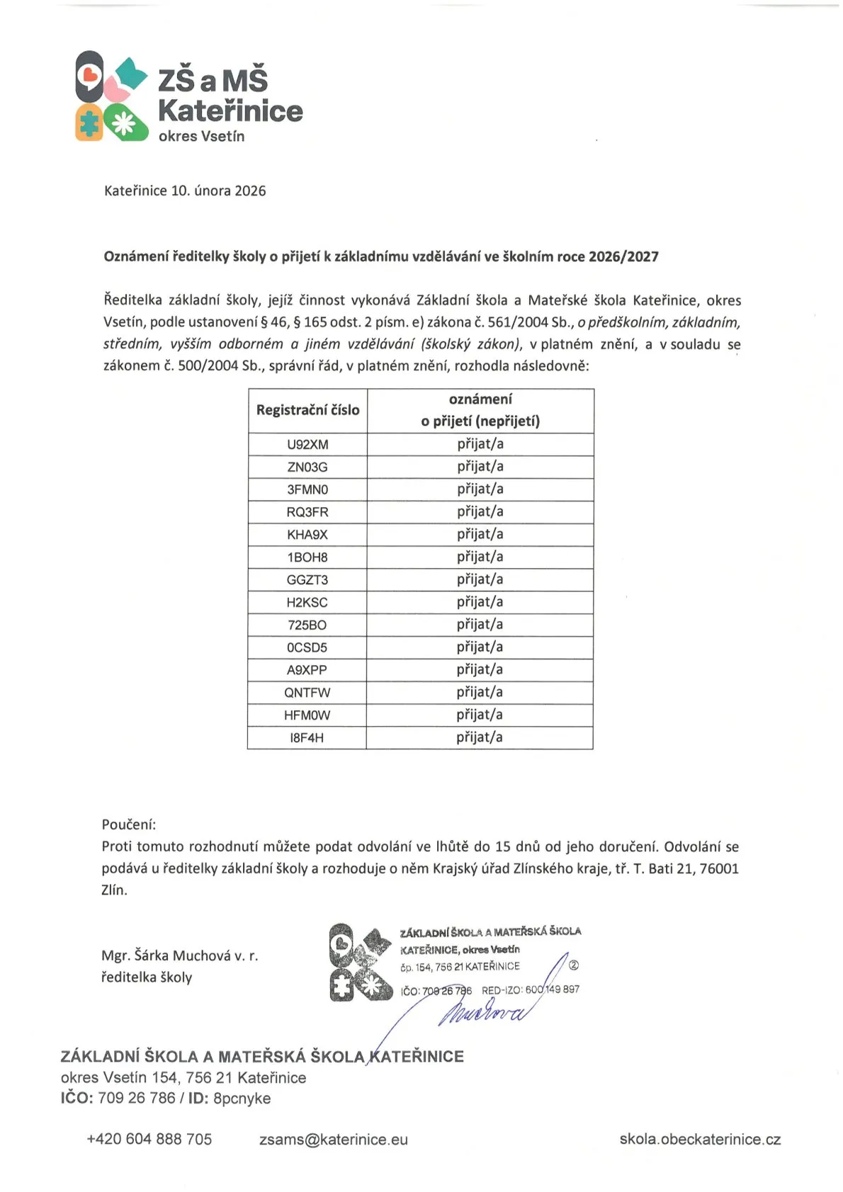 Výsledek zápisu do 1. ročníku pro školní rok 2026/2027